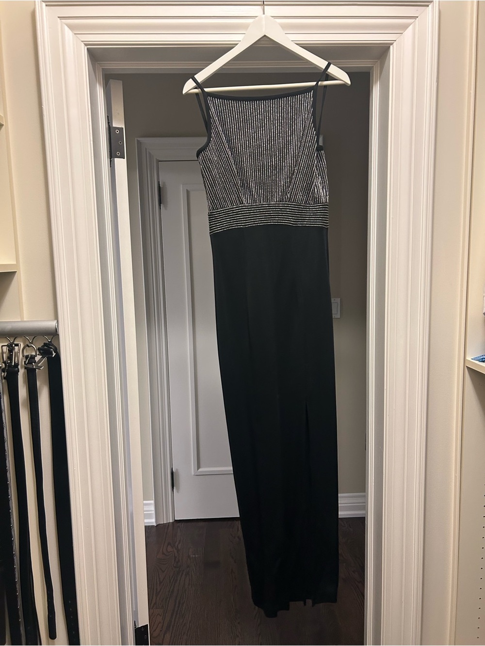 Black Evening dress with Silver-Striped Bodice